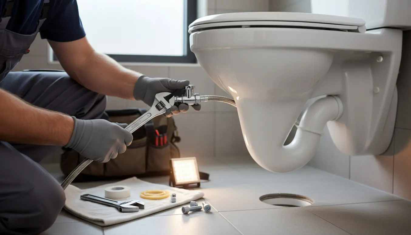 Håndværker monterer nyt toilet med S-lås og Balofix-ventil i et lyst, moderne badeværelse.