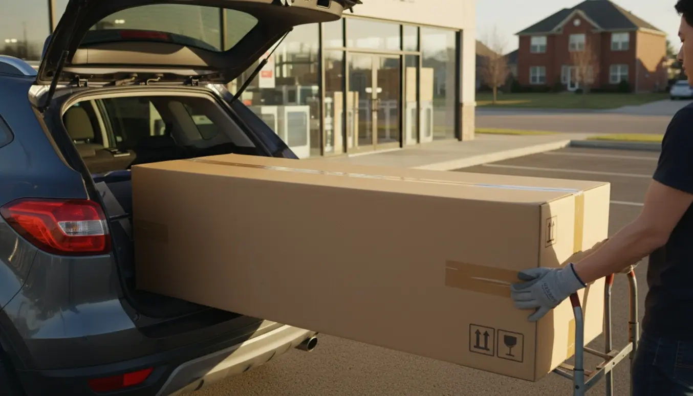 En stor tv-kasse løftes ind i bagagerummet på en bil på en solbelyst parkeringsplads, ansigter ikke synlige.