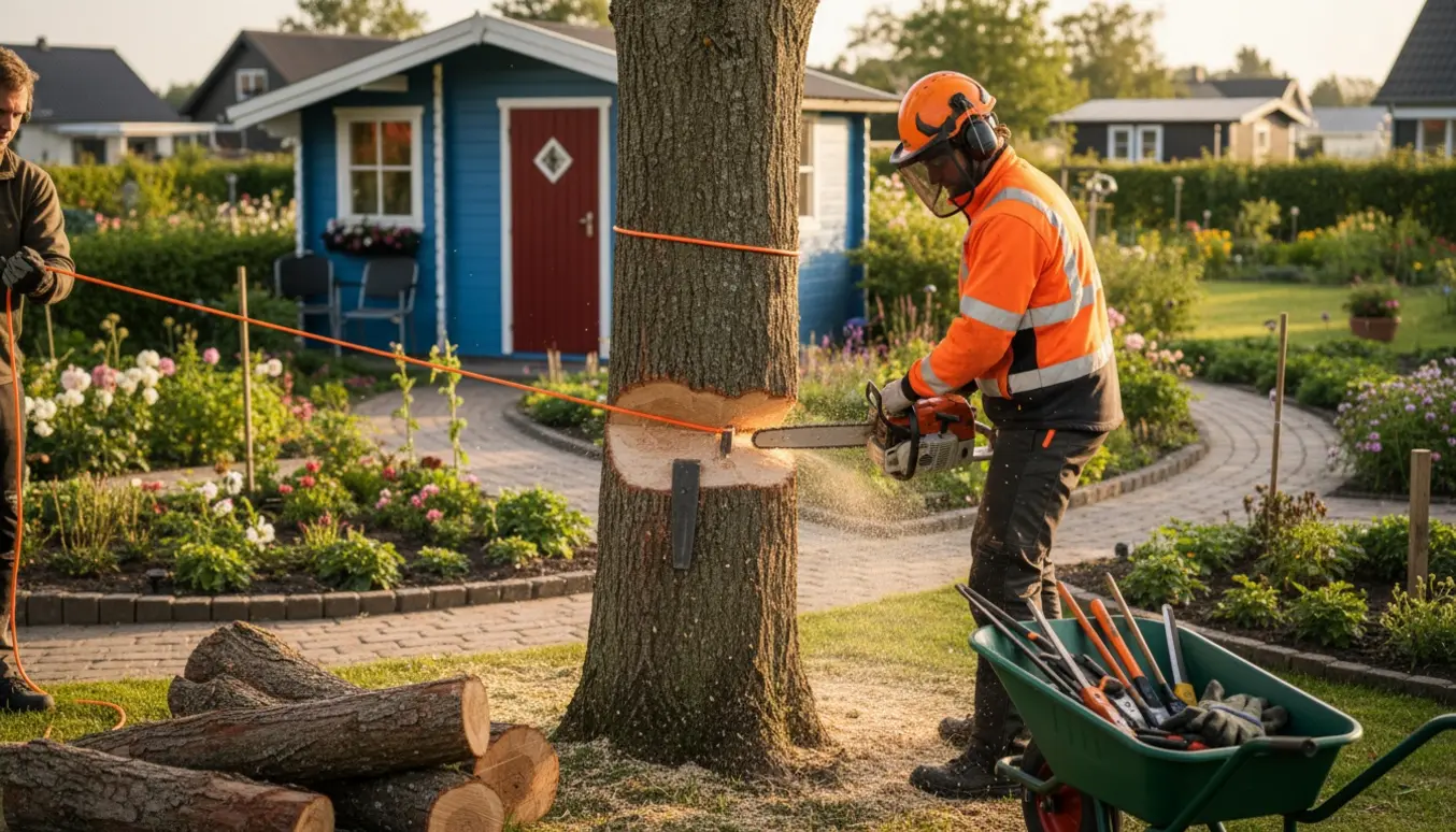 Et stort træ fældes i en kolonihave med en arborist, fældestammer og redskaber i baggrunden.