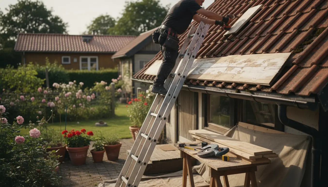 Kolonihavehus i Lyngby, hvor nye vindskeder monteres med stige, værktøj og friskt træ.