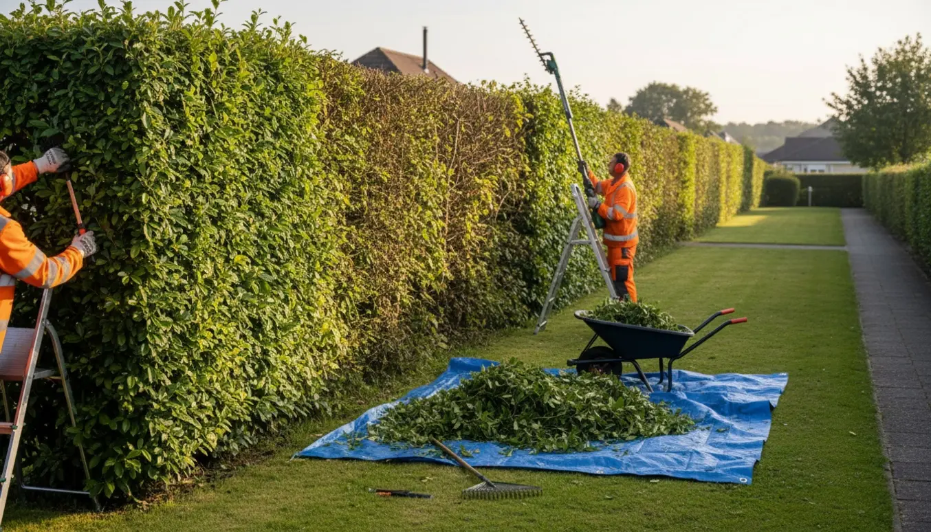 Person trimmer en lang, 3 m høj hæk med teleskopsaks, afklippede grene samlet på en presenning.