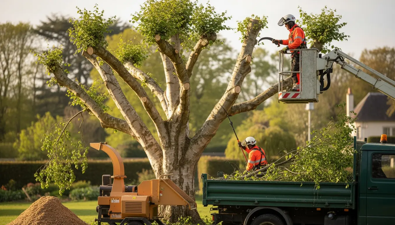 Professionel arborist studser en stor birk fra en lift, mens afklippede grene læsses i en lastbil.