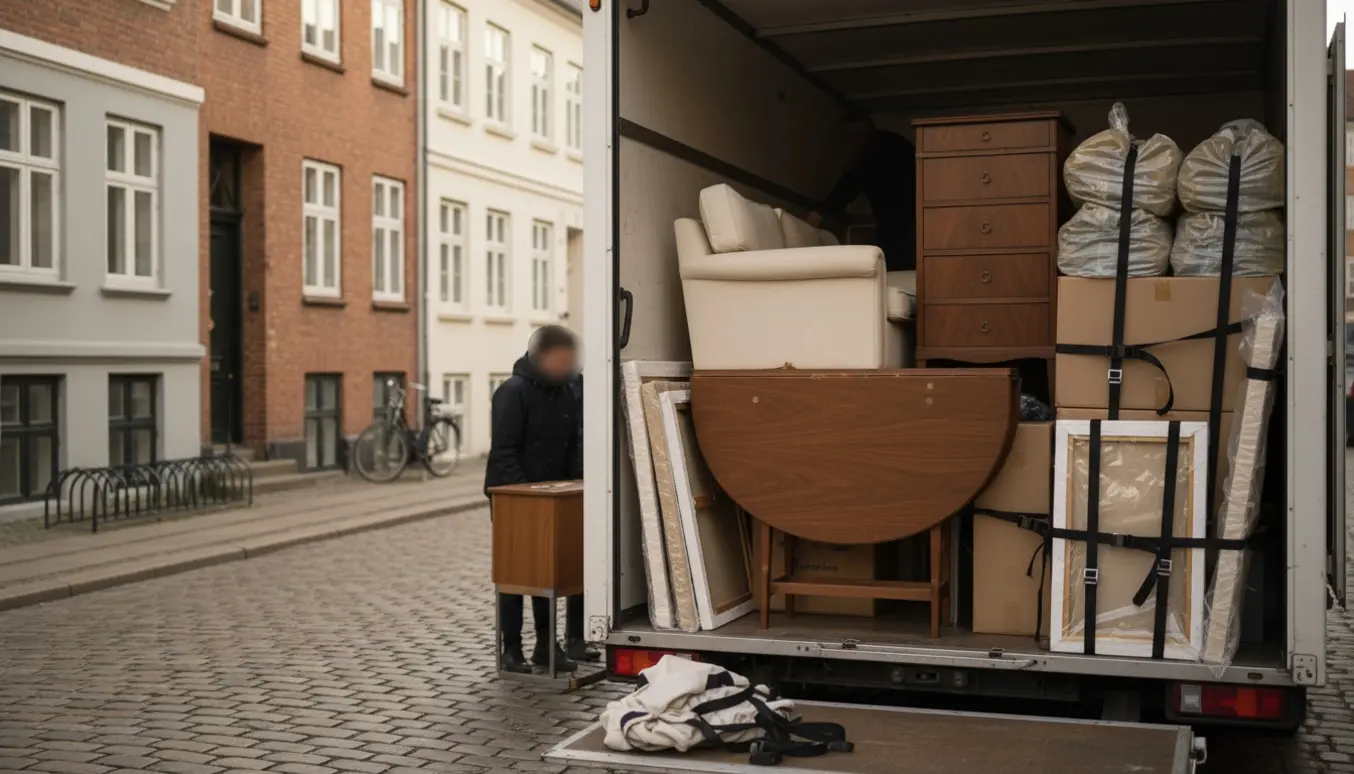 Møbler og flytteudstyr bliver læsset i en flyttevogn på en københavnsk gade.