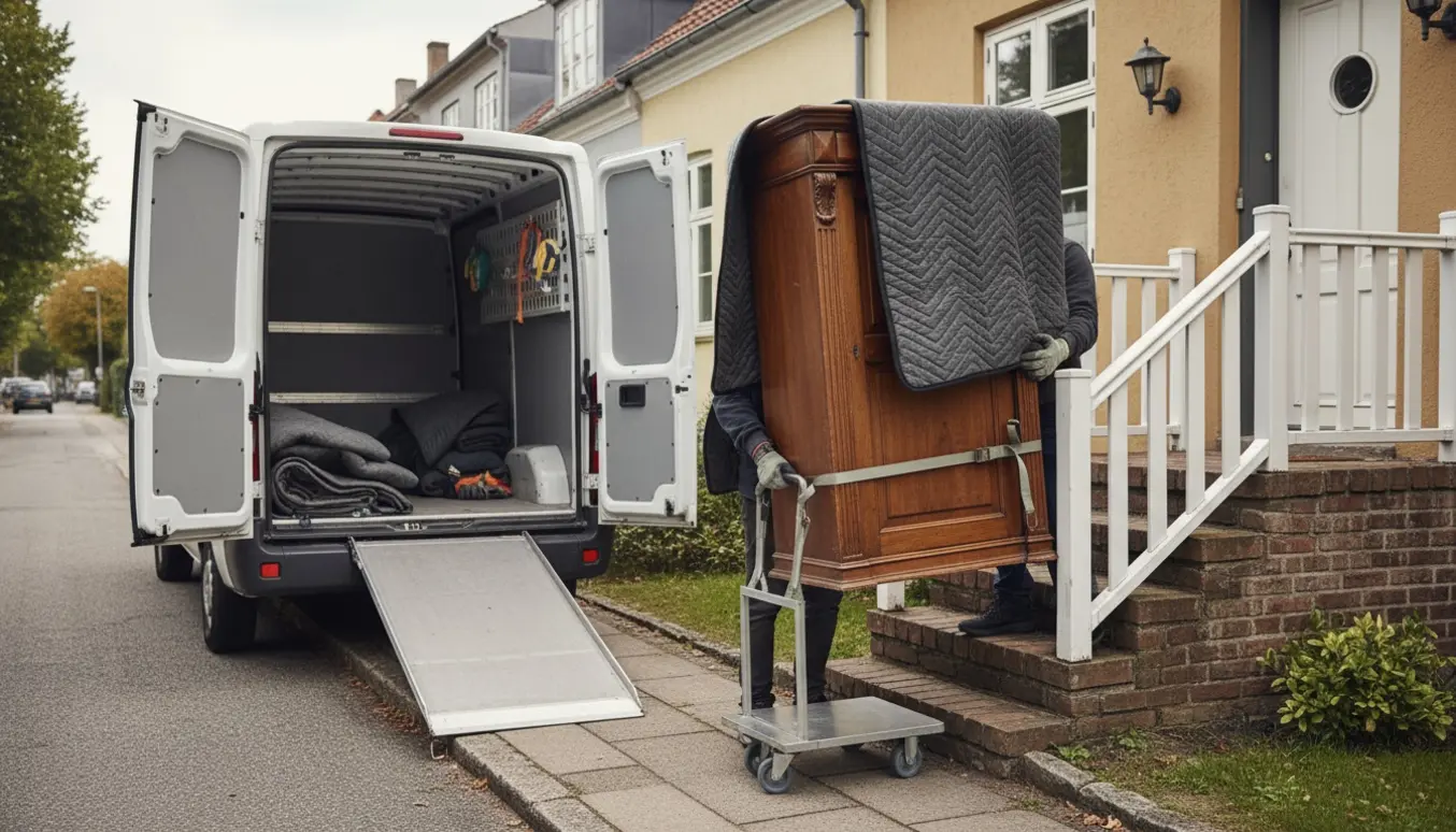 Et gammelt træskab pakket i flyttetæpper bæres ind i et rækkehus med dolly og stropper.
