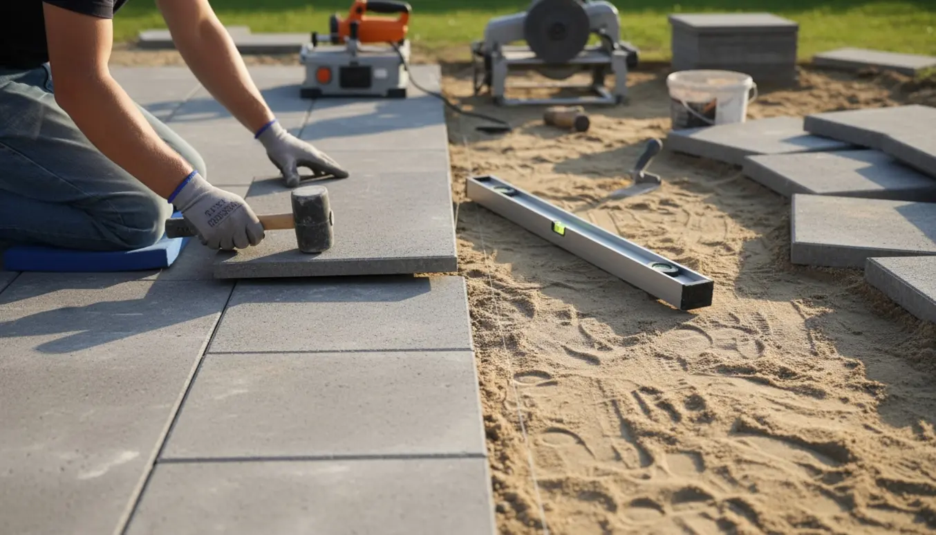Nærbillede af en fliselægger, der lægger betonfliser på en eksisterende sandpude med trappesten ved kanten.