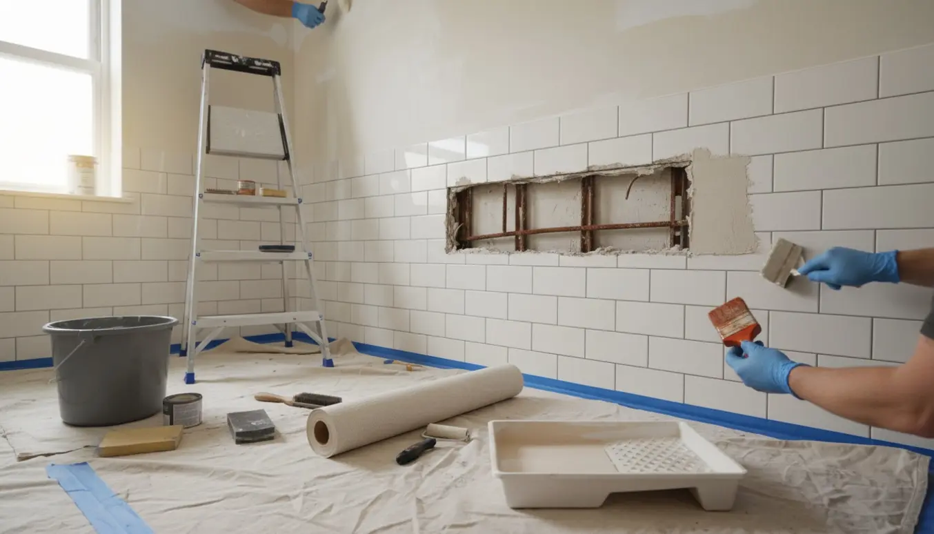 Håndværker maler rustbeskyttelse, spartler og opsætter filt i et badeværelse klar til maling af vægge og loft.