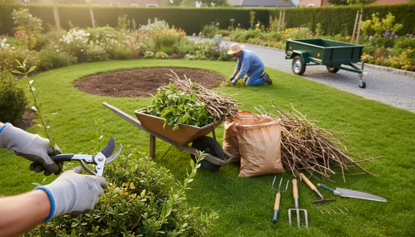 Gartner rydder have med beskæring, trillebør fyldt med grønne clippings og bunke af grene klar til bortkørsel.