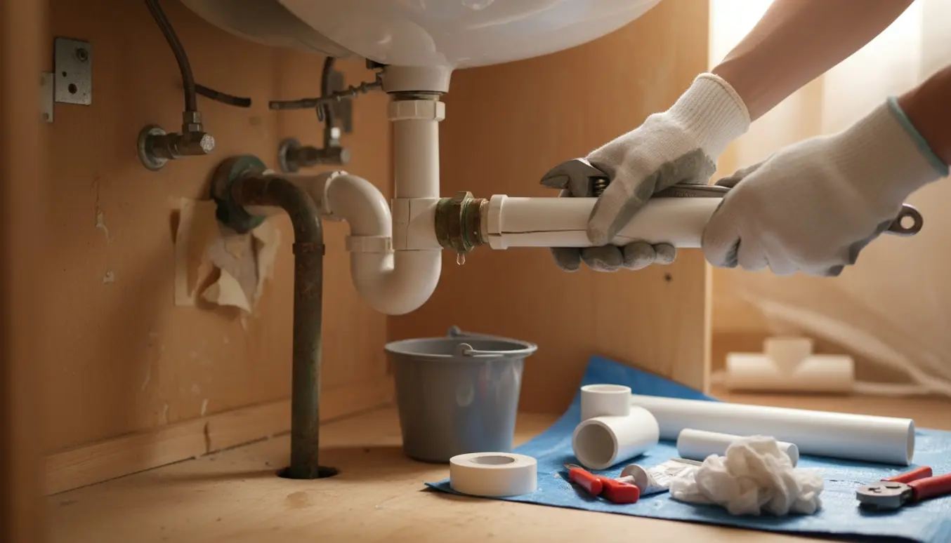 Hænder udskifter et beskadiget afløbsrør og en enkelt støtteben under en vask.