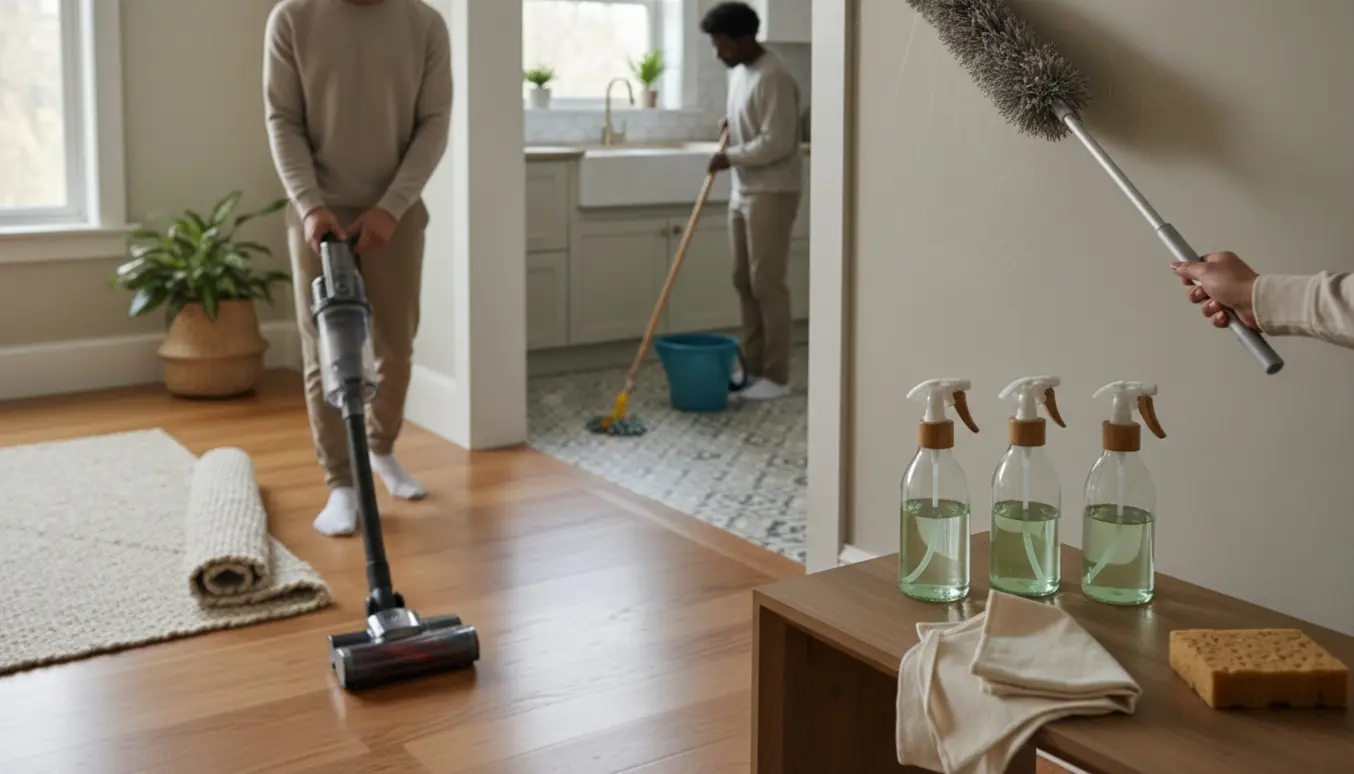 En person gør rent i en lys lejlighed med støvsuger, moppe og klimavenlige rengøringsmidler uden synligt ansigt.