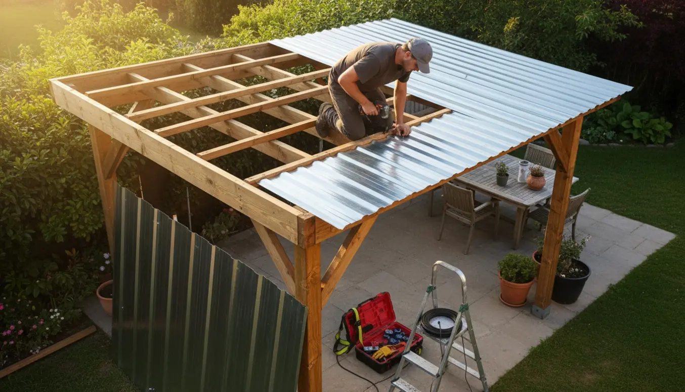 Udskiftning af trapeztag på en haveoverdækning med ny metalplade, værktøj og arbejder med ryggen til.