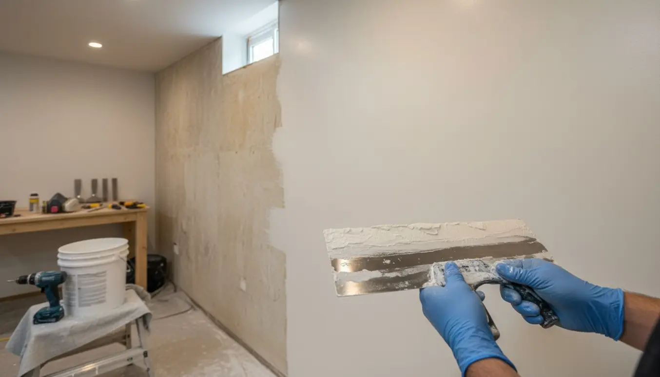 Hænder spartler en kældervæg, hvor en frisk, glat spartelmasse dækker en tidligere ujævn overflade.