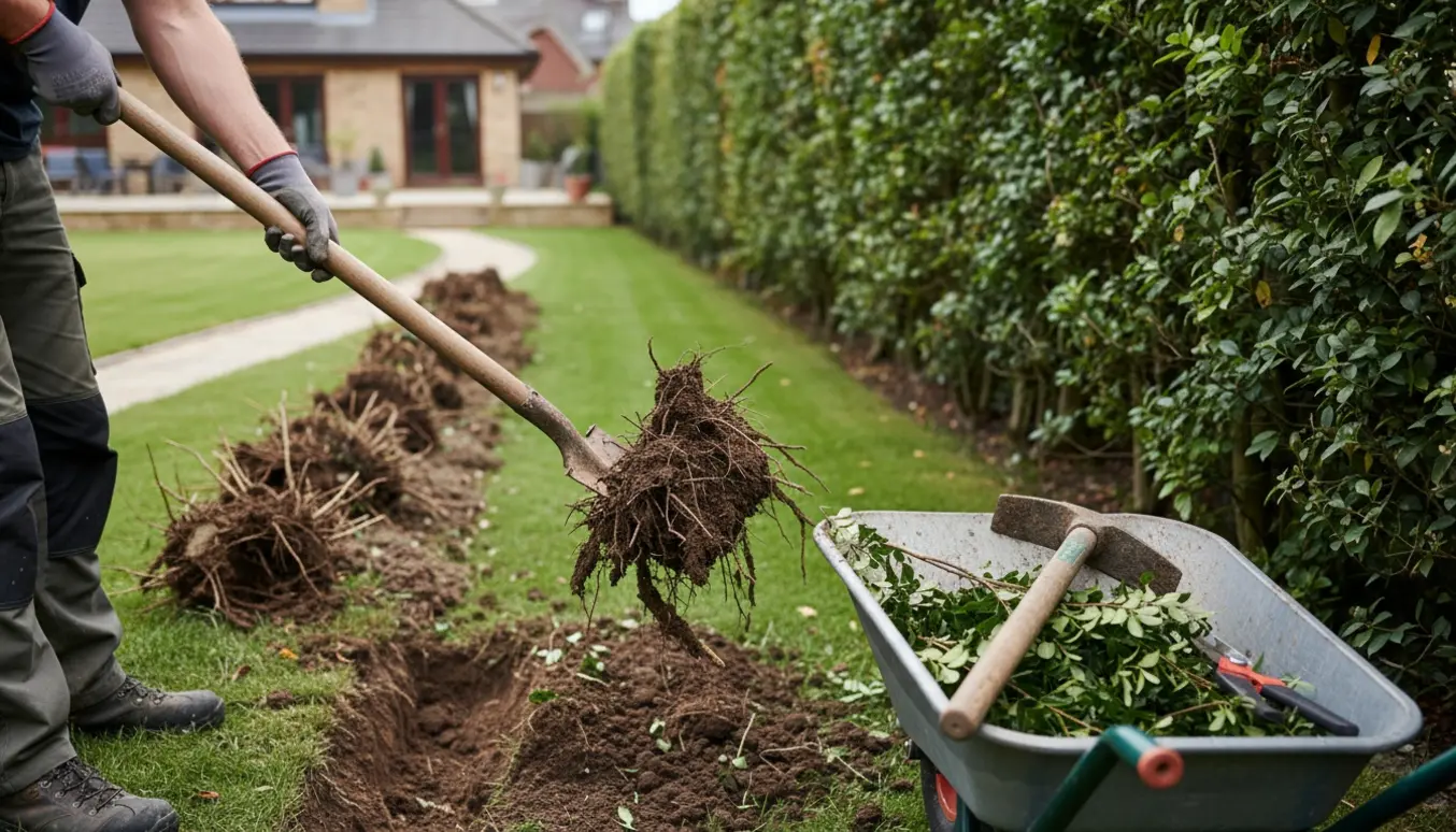 Opgravning af en ligusterhæk med spade og trillebør i en forstadshave.