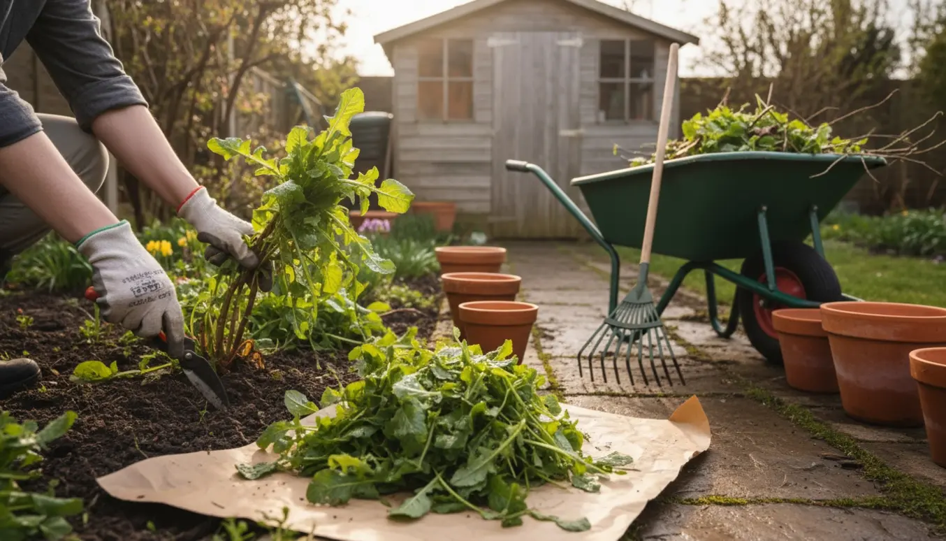 Hænder i haverhandsker fjerner ukrudt og tynder ud i en lille forårshave med værktøj og trillebør i baggrunden.