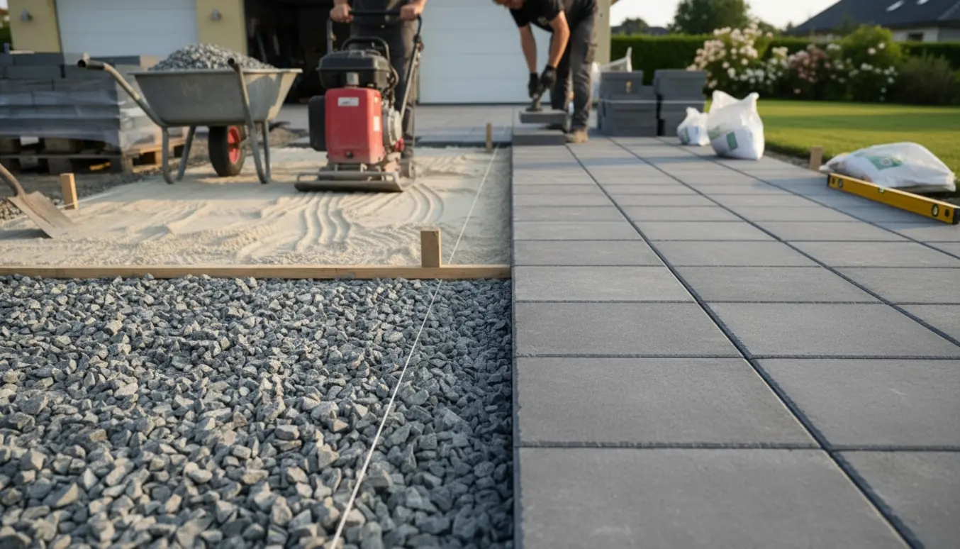 Halvfærdig indkørsel med stabilgrus og nylagte 60x60 cm fliser, værktøj og materialer samlet ved siden af.