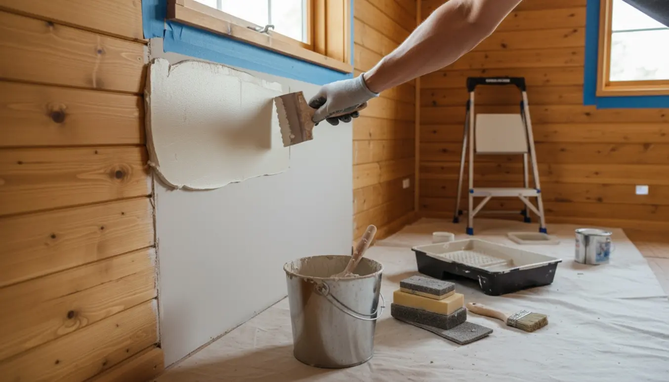 Sommerhusrum med en væg, der spartles og forberedes til maling, værktøj i forgrunden.