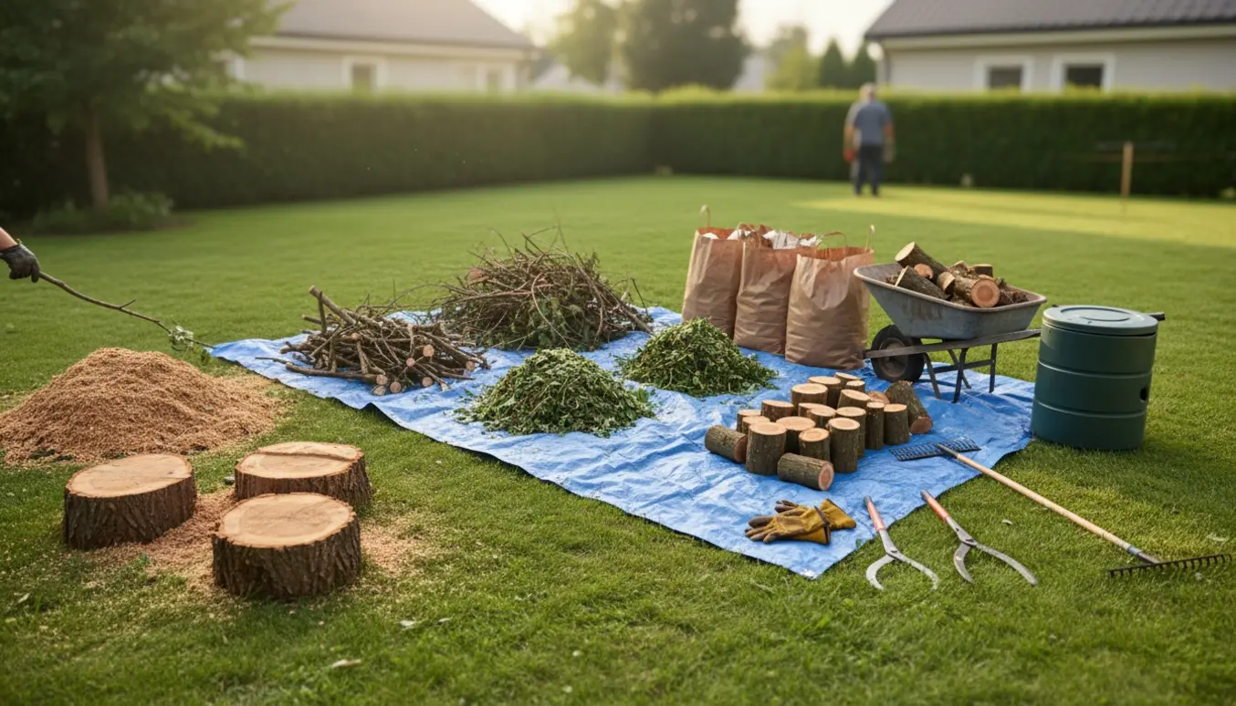 Stak af haveaffald og redskaber klar til bortskaffelse efter fældning af buske og små træer.