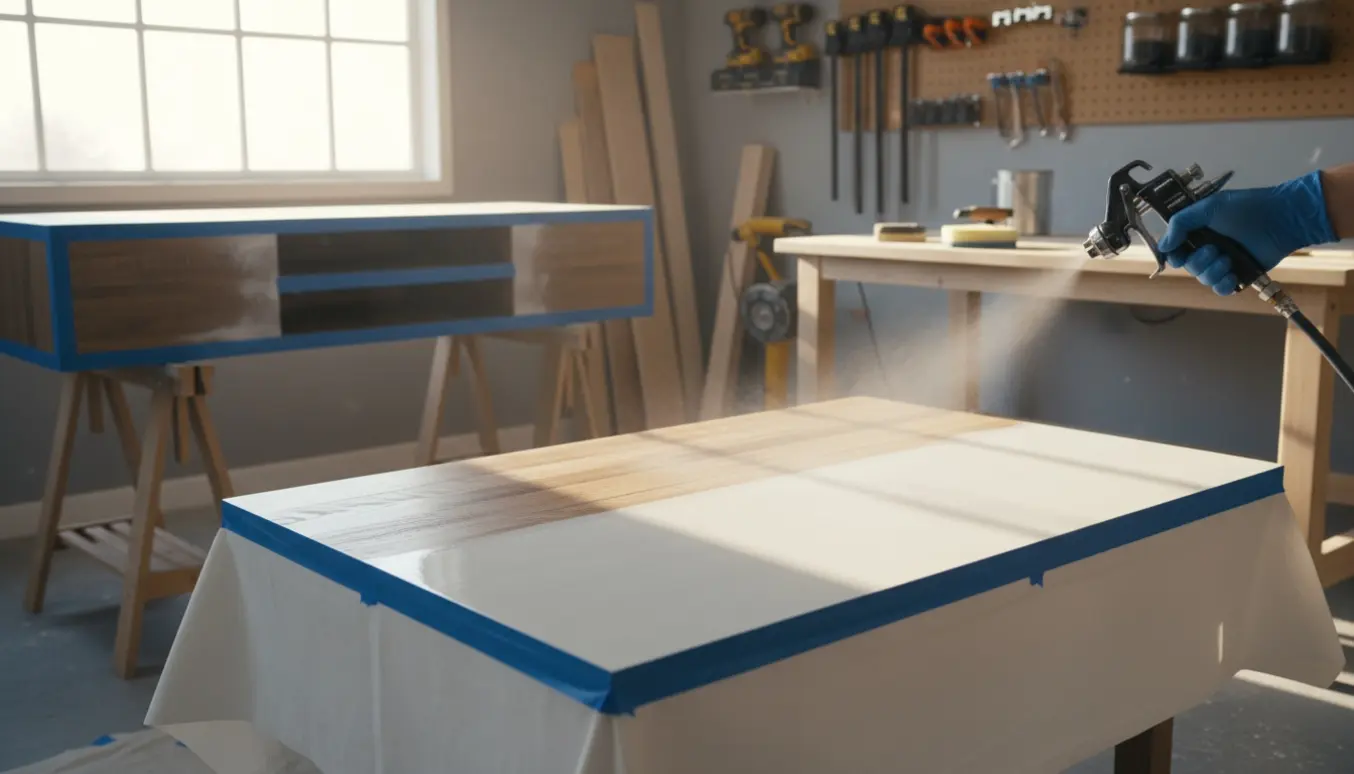 Nærbillede af sprøjtemaling af hvid sofabordsplade og tv-bord i lyst værksted med afdækningsdug og værktøj.