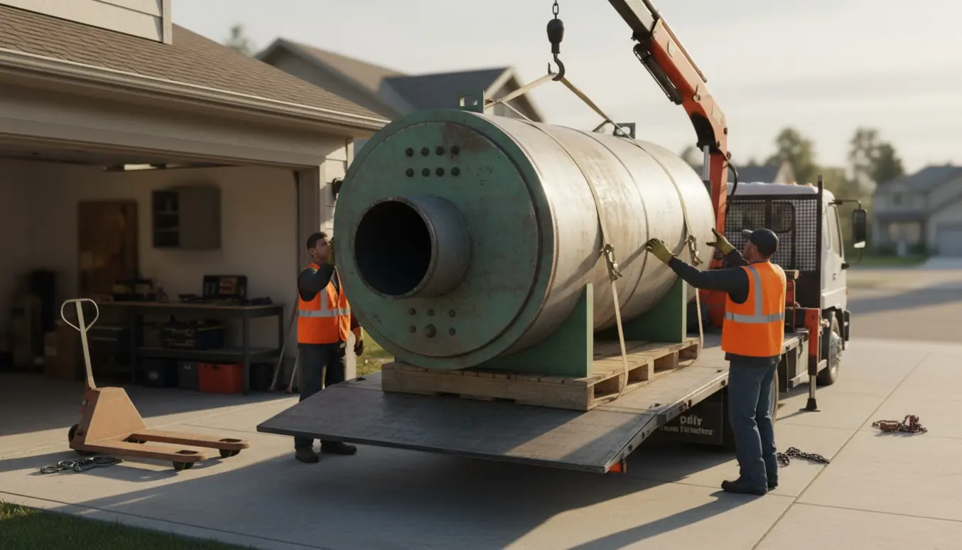 Et pillefyr løftes med kran fra indkørslen foran en garage og læsses på en lastbil.