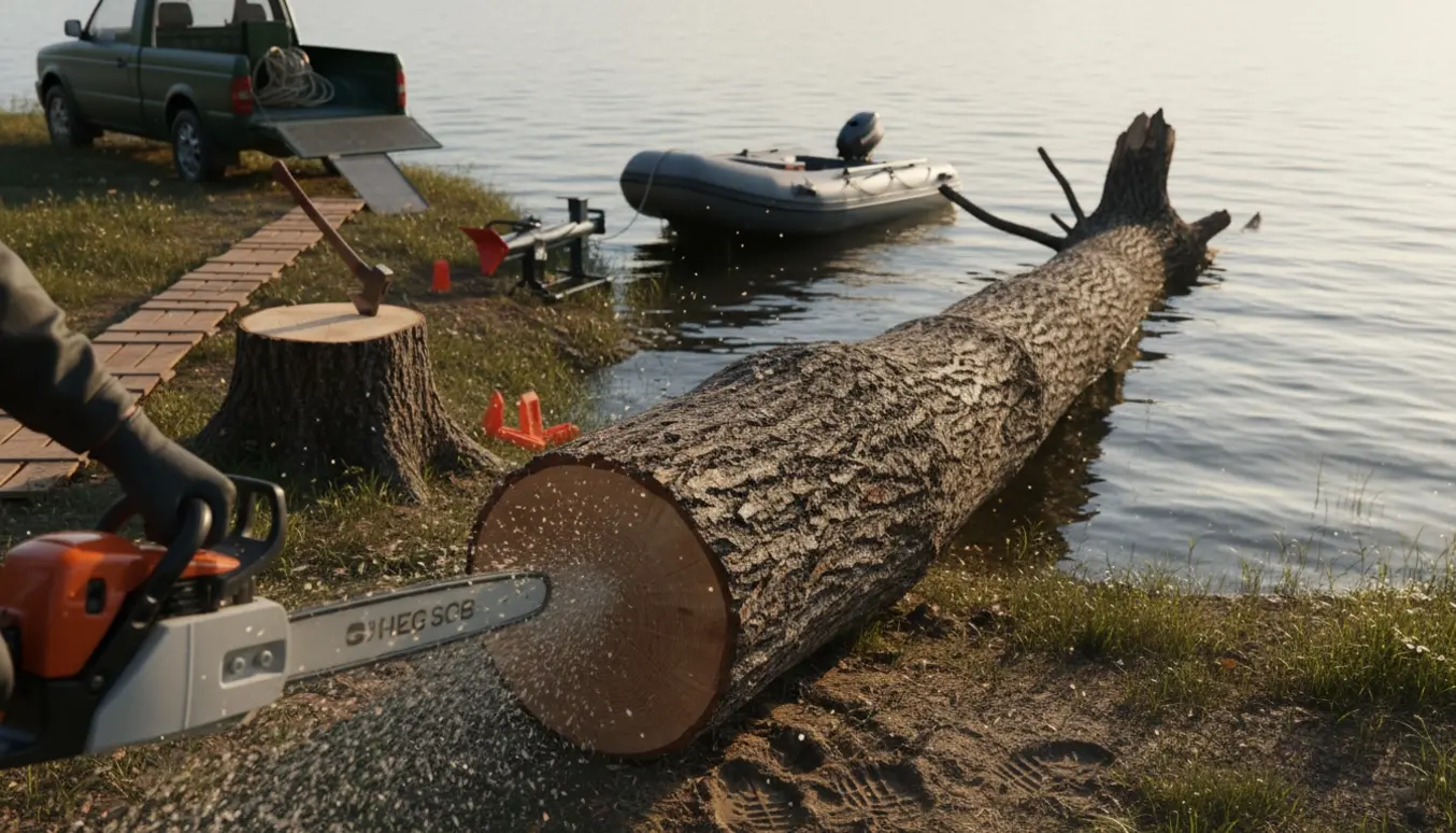 Delvist nedsunket fældet træ ved søbred, en håndværker saver det op med motorsav mens stump, savsmuld og adgangssti er synlige.