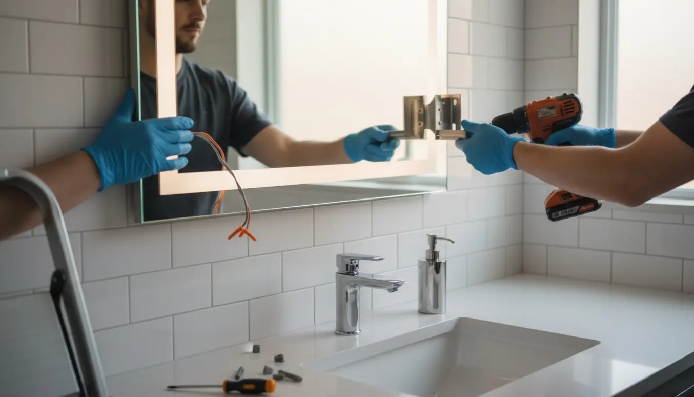 To hænder monterer et LED-belyst spejl over vasken i et lyst badeværelse.