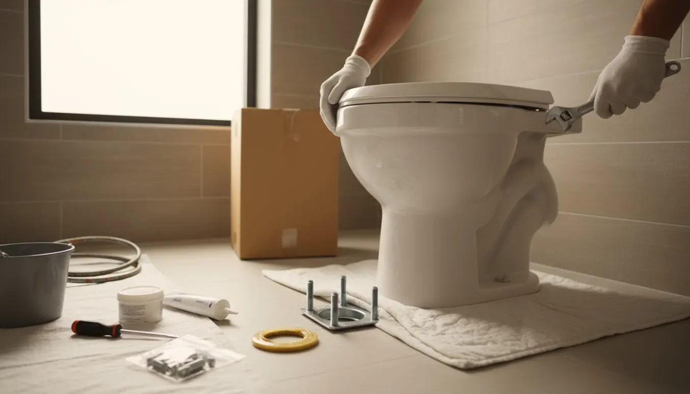 Gloveklædte hænder justerer et nyt toilet over afløbsflangen i et lyst badeværelse.