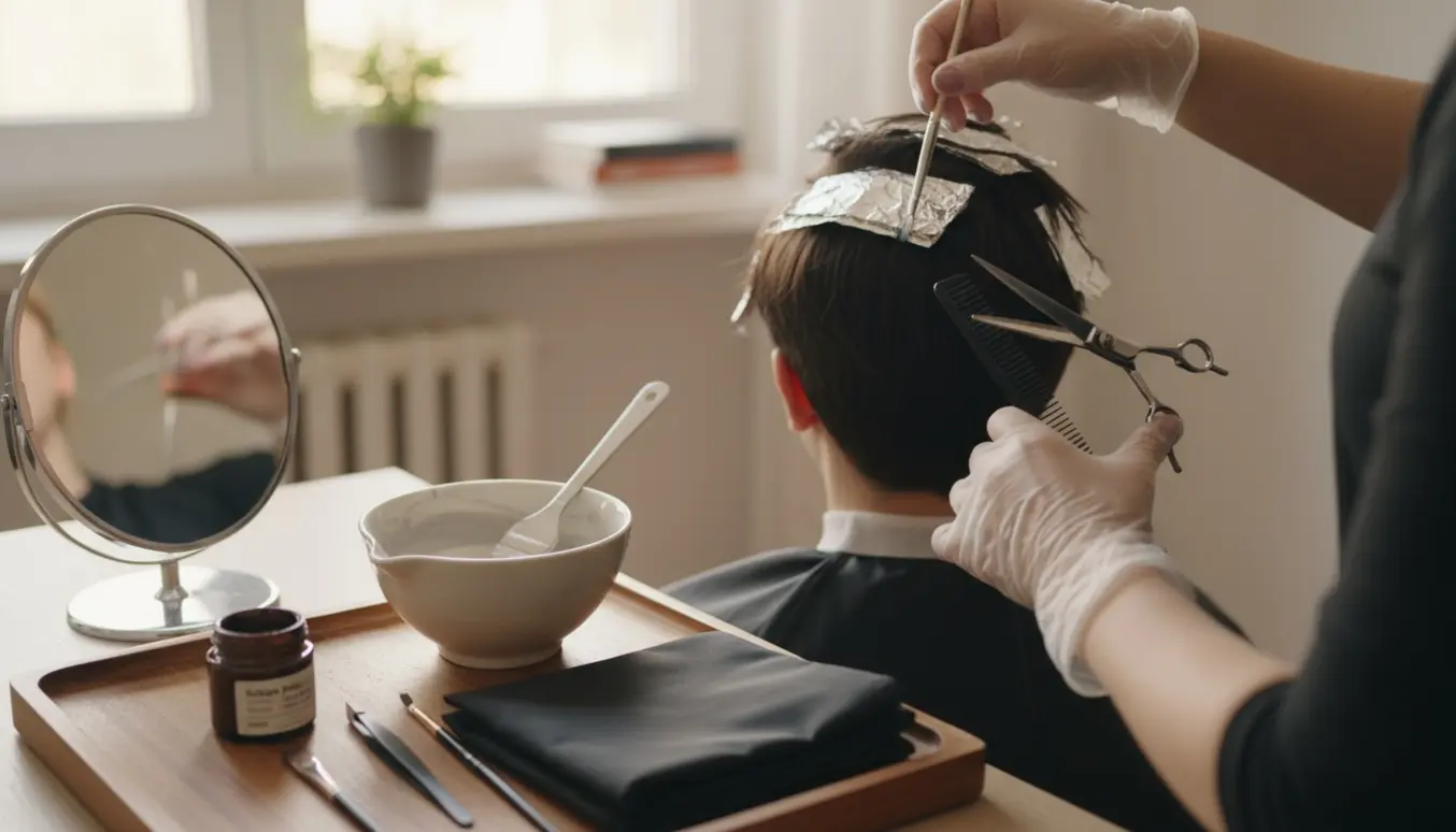 En hjemmefrisør klipper kort hår og forbereder lyse striber med værktøj til brynfarvning.