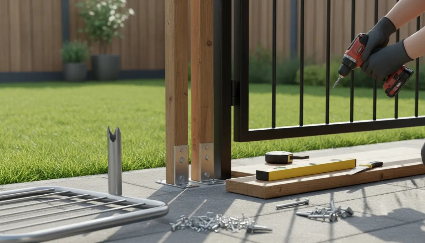 Halvmonteret sort havelåge mellem træprofiler med værktøj og en delvist savet metalfod fra et tørrestativ i forgrunden.