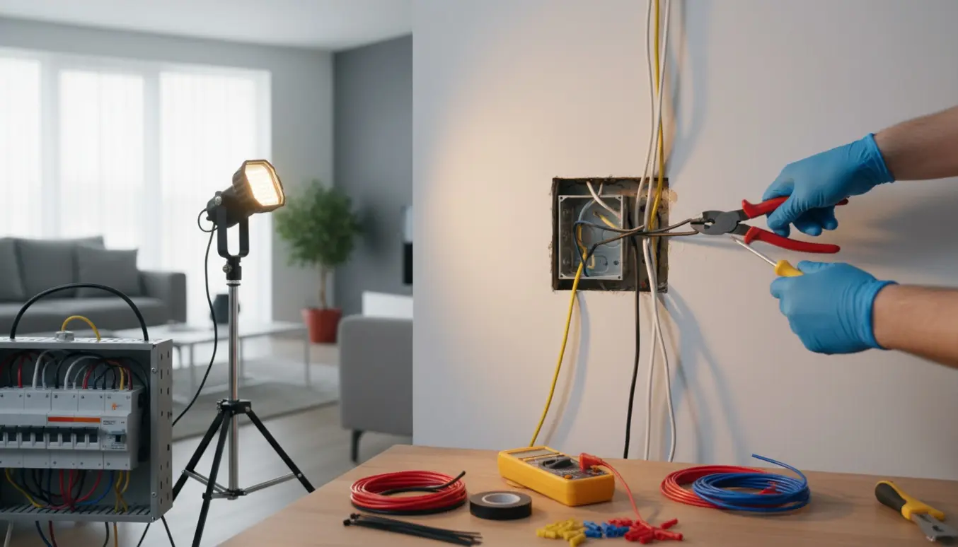 Hænder fra en elektriker arbejder med åbent el-skab og synlige ledninger i et hjem.