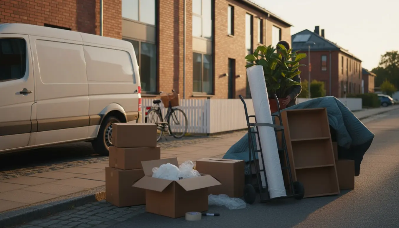 Flyttekasser, pakkeudstyr og en hvid flyttevogn foran et moderne hus i varmt eftermiddagslys.