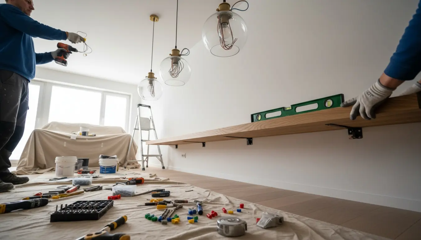 Tre loftslamper monteres over en væghylde i en stue, med værktøj og hænder i arbejde.