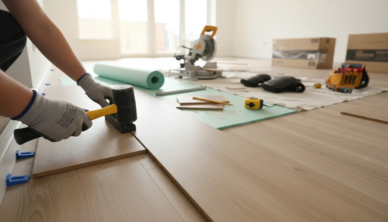 Nærbillede af hænder, der monterer laminatgulv i et lyst rum med værktøj og stakke af planker.