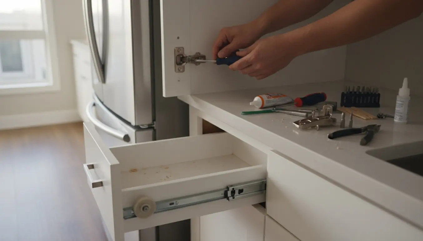 Hænder justerer et køkkenskabshængsel og en skuffeskinne med værktøj på en lys, moderne køkkenbordplade.