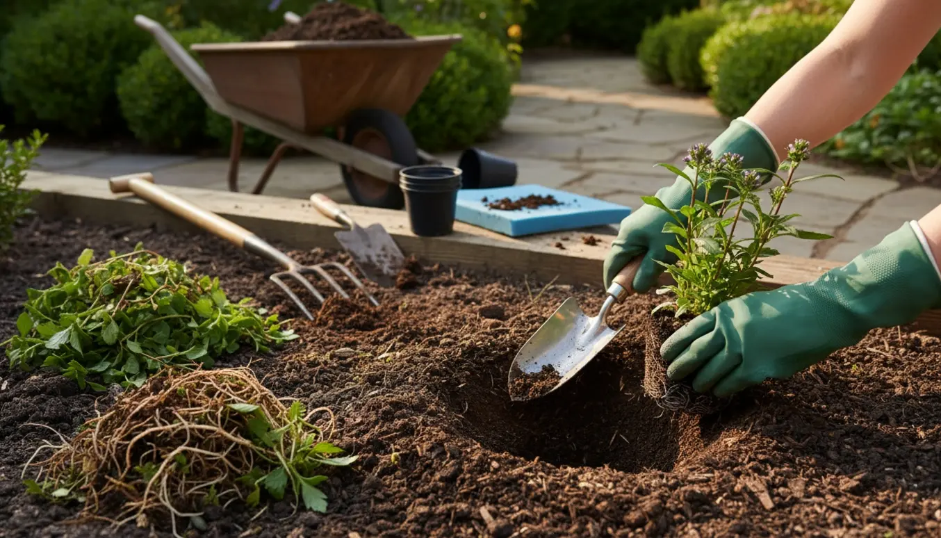 Nærbillede af havearbejde med fjernelse af bunddække og forberedelse af jord til ny beplantning.