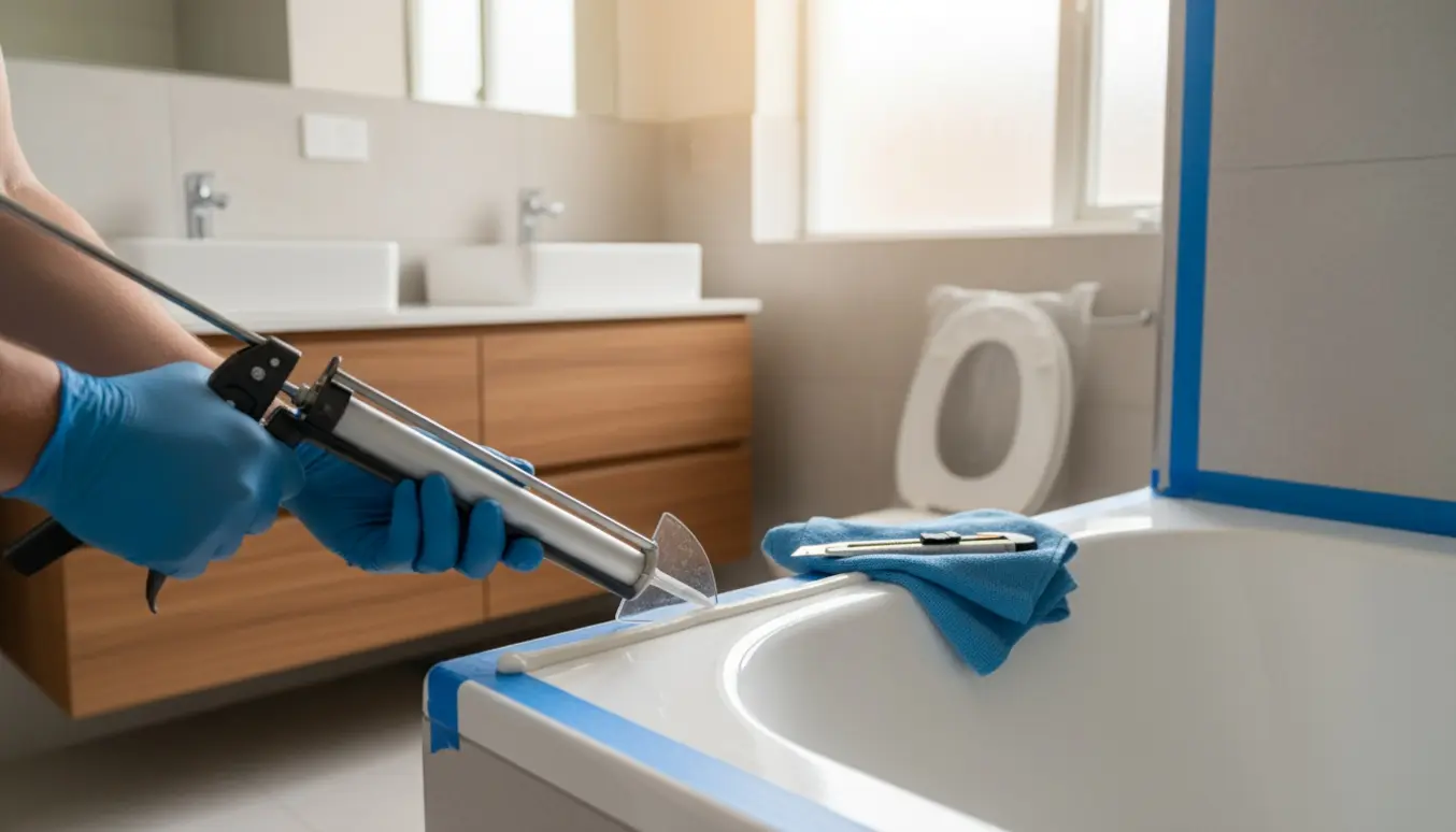 Nærbillede af silikonefugning langs badekarrets kant med værktøj og dobbelte håndvaske i baggrunden.