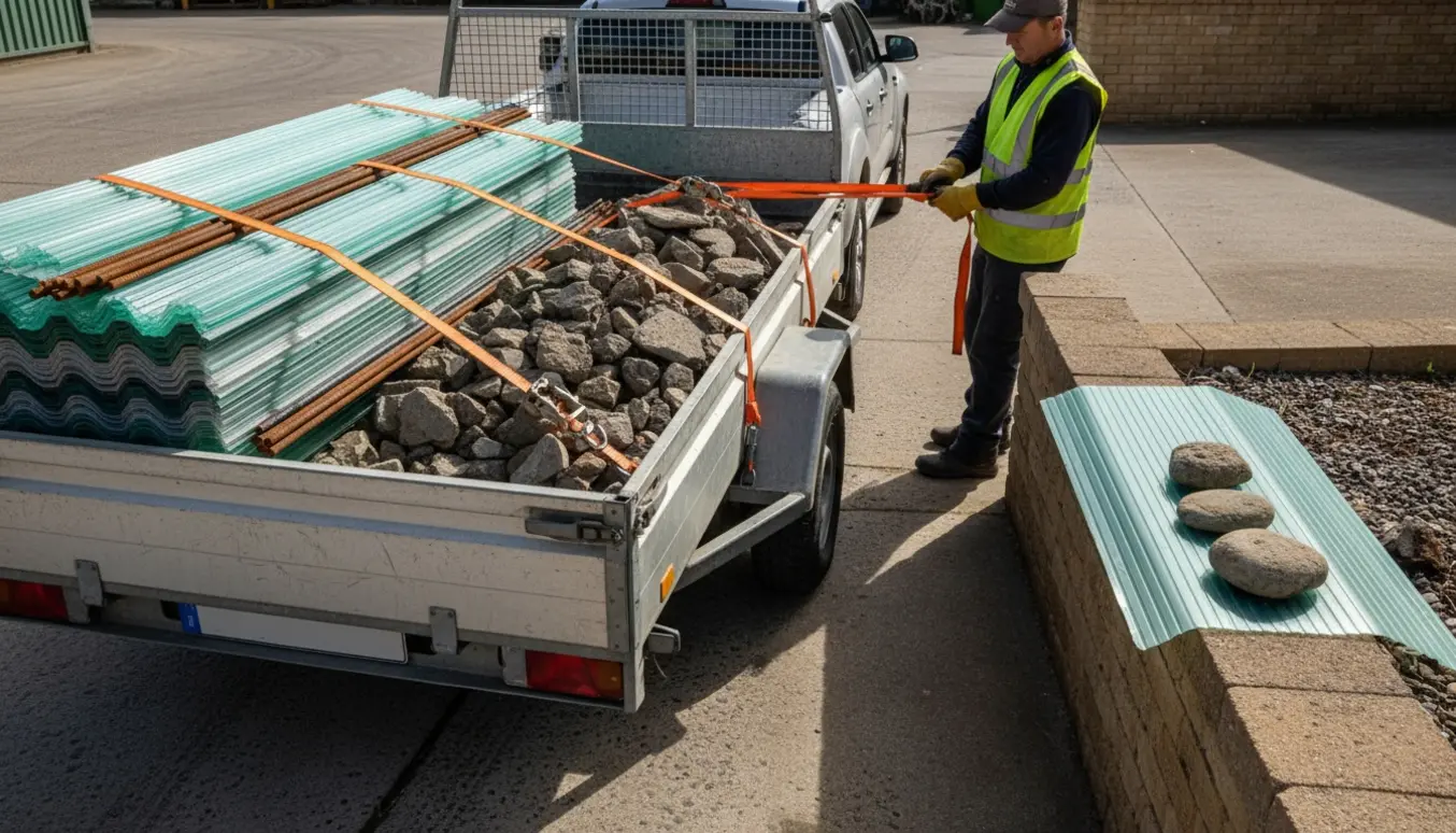 Trailer læsset med bølgeplast, jernstænger og en bunke sten ved et genbrugsområde, en arbejder ses bagfra.