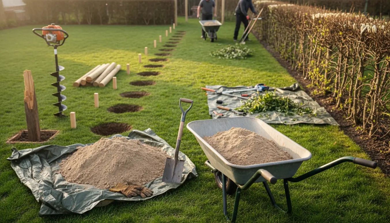 Havearbejde med huller til stolper, topdressing, beskåret nøddehegn og udgravet plads til postkasse.
