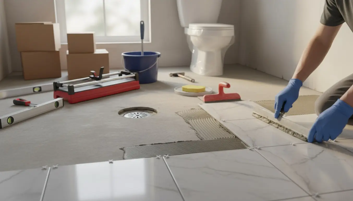 Badeværelse under renovering med fjernede fliser, nye fliser under lægning og et nyt toilet klar til montering.