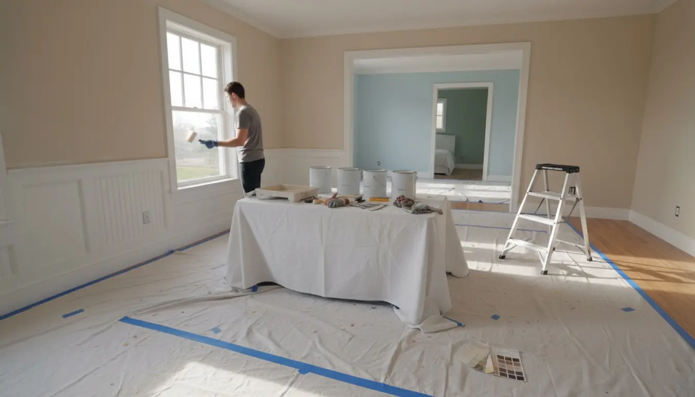 Lys stue under malerarbejde med afdækkede gulve, malerværktøj og synlige nymalede værelser gennem en åben dør.