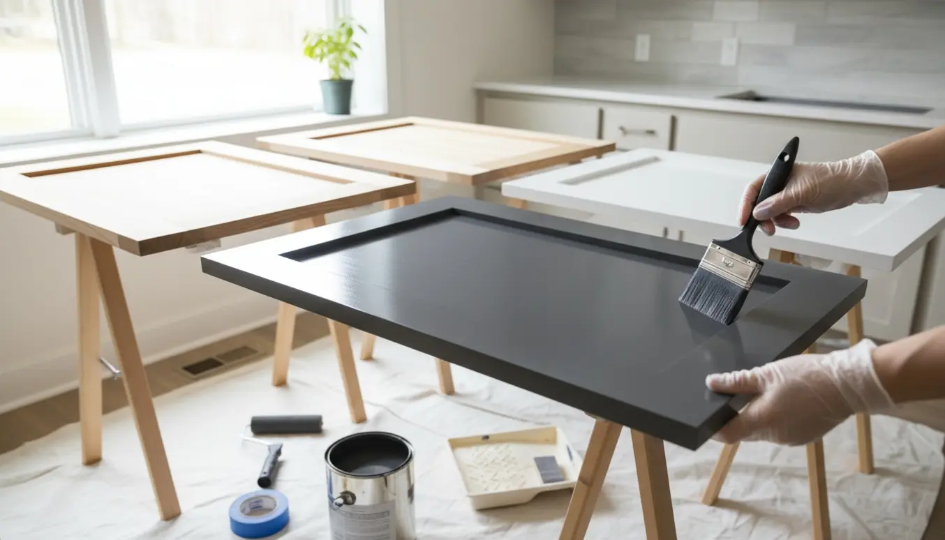 Køkkenlåger i færd med at blive malet antracitgrå med pensel og malerbøtte.