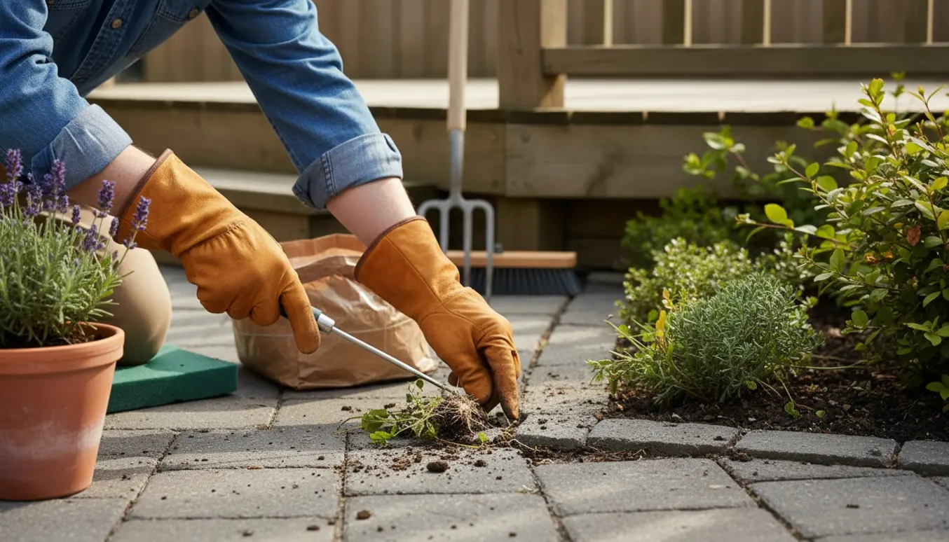 Nærbillede af hænder, der fjerner ukrudt mellem terrassesten og renser bedkanten med haveredskaber ved siden af.