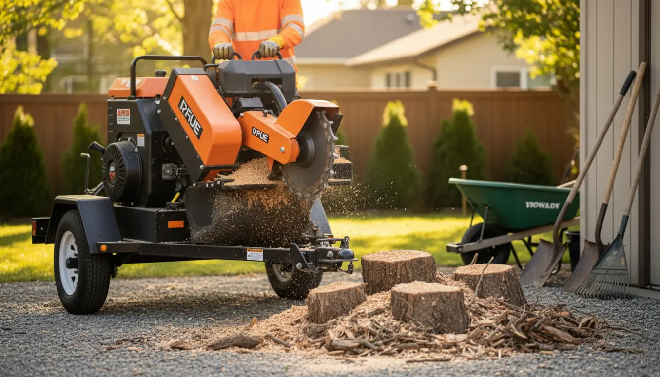 Trailer med kompakt stubfræser parkeret tæt ved flere små træstubbe med friske træspåner omkring.