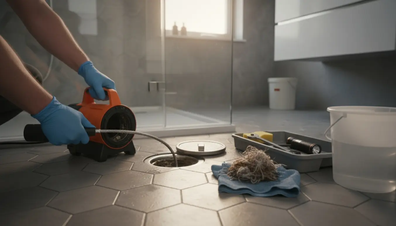 Nærbillede af handskerede hænder, der bruger en elektrisk afløbsslange til at rense et stoppet bruseafløb.