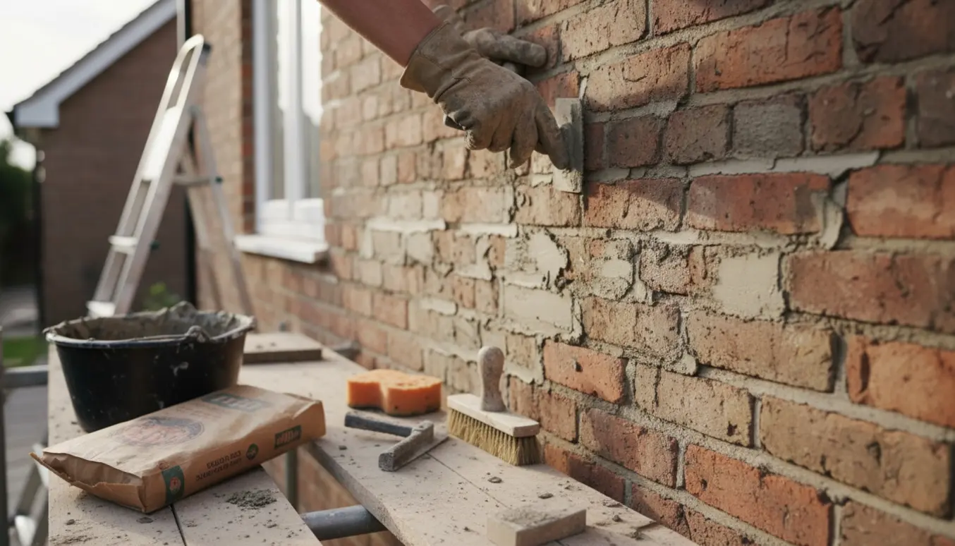 Nærbillede af reparation af murfuger med hænder, mørtel og fugeværktøj på en mur.