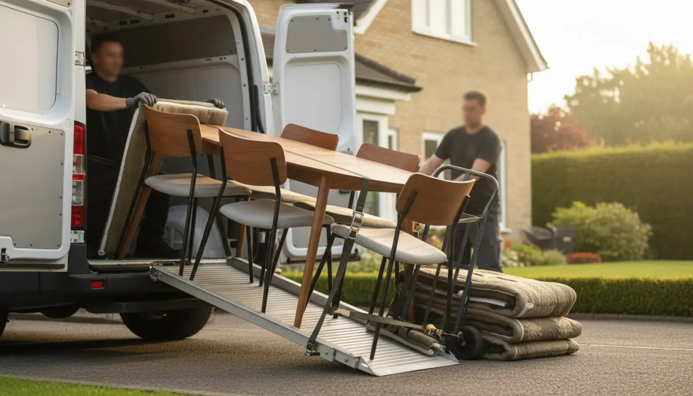 Seks stole og et bord bliver lastet i en varevogn uden for et parcelhus.