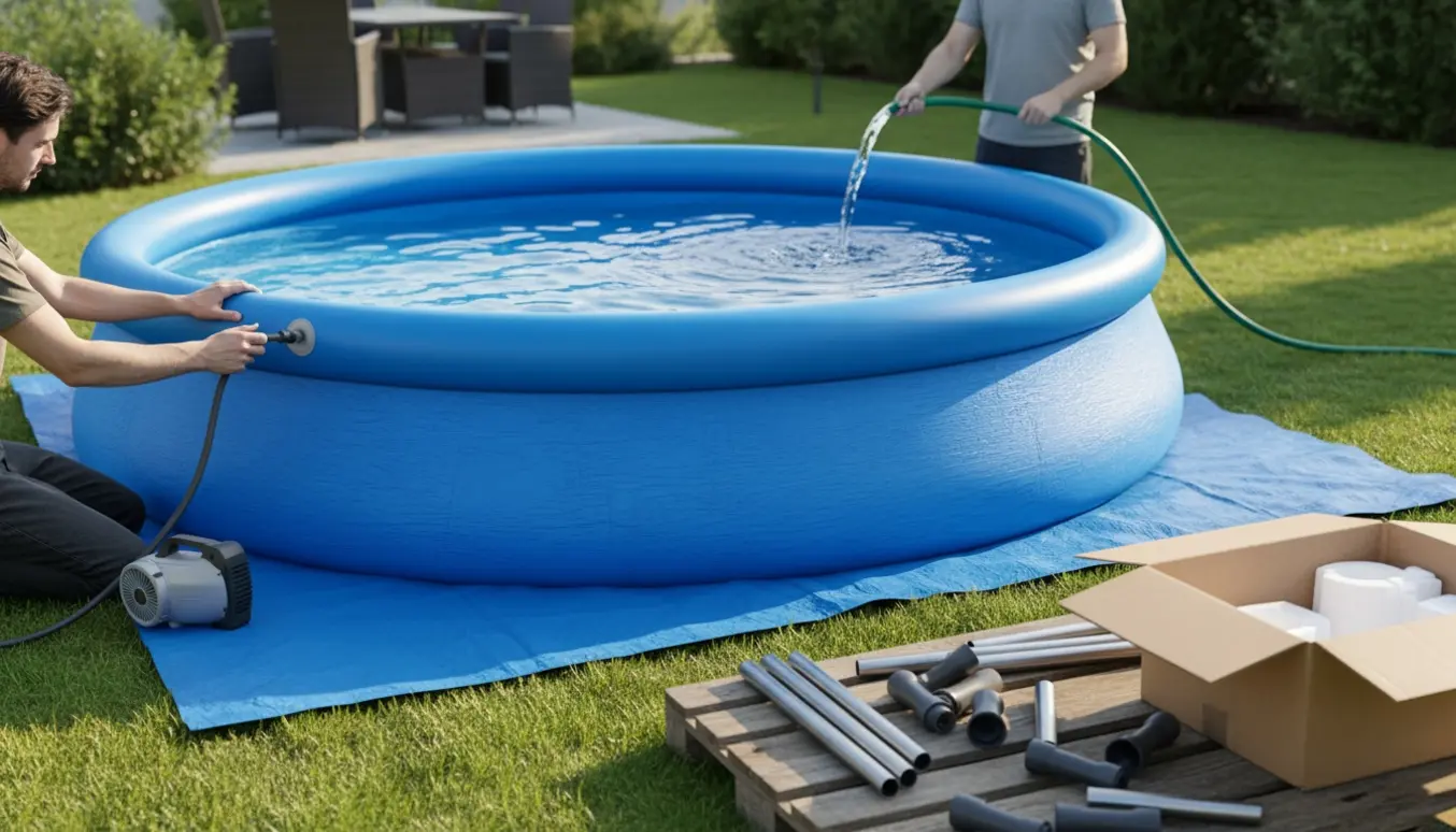 Oppusteligt badebassin sættes op i en solrig baghave, hænder samler rammen og en haveslange fylder det med vand.