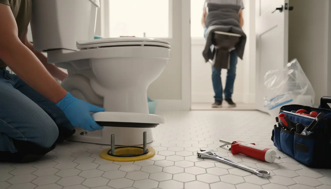 Hænder monterer nyt toilet i lyst badeværelse, mens det gamle fjernes.