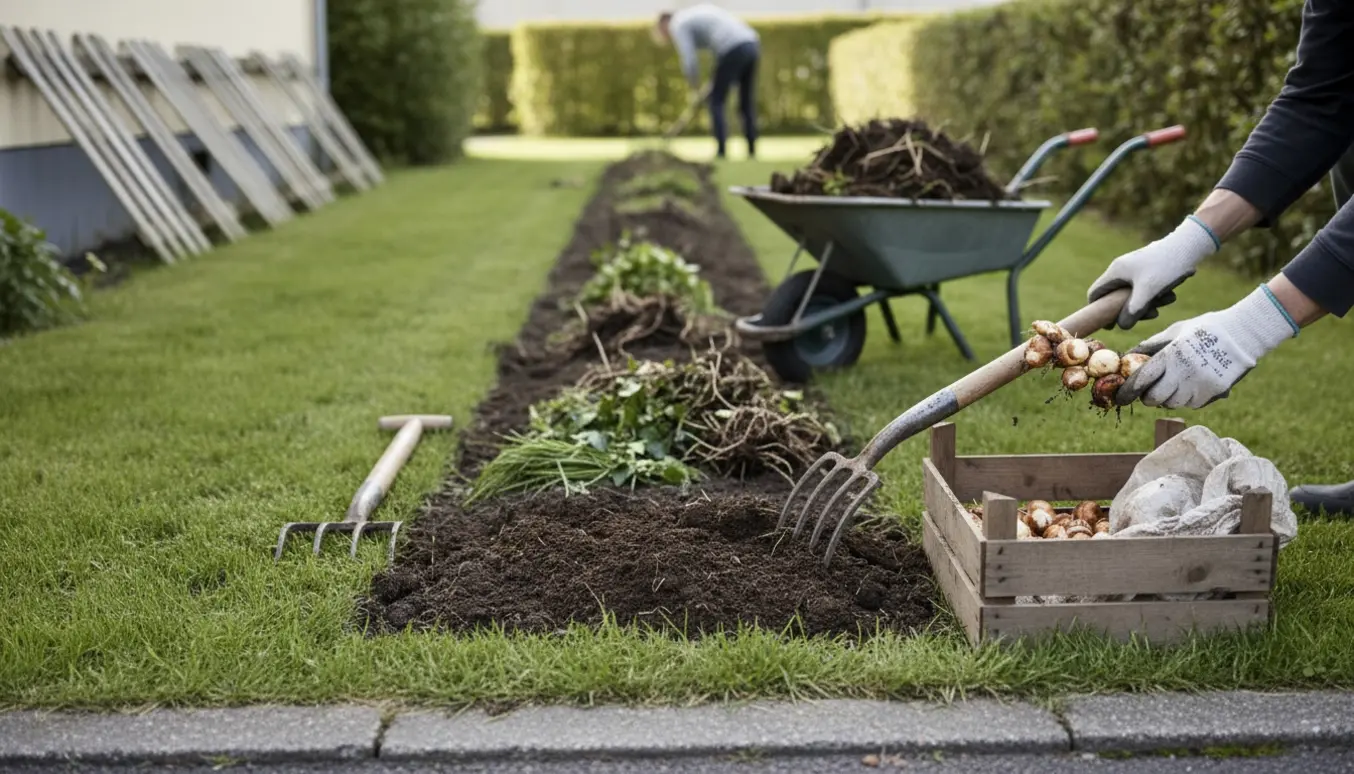 Opgravning af tulipanløg og rensning af ukrudt i et langt bed med værktøj og bunker af rødder i forgrunden.