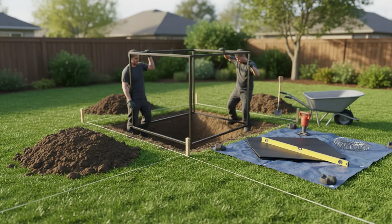 Nedgravning af en rektangulær trampolin i en solrig baghave, to personer sænker rammen ned i en udgravning.