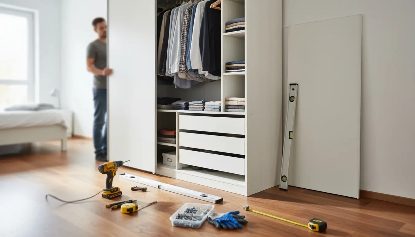 Et PAX-garderobeskab flyttes cirka 70 cm i et lyst soveværelse med værktøj og åbne hylder.