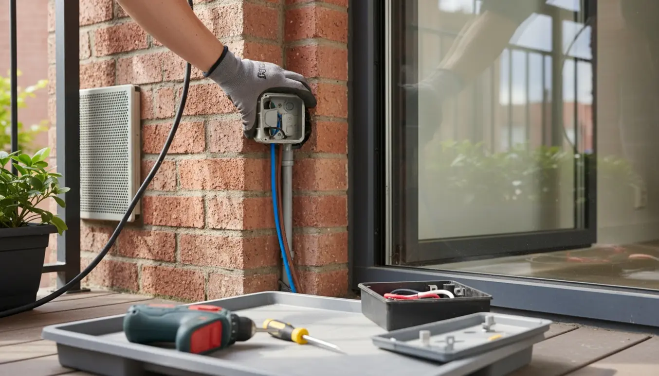 En elektriker monterer en vejrbestandig udendørsstikkontakt på en altan med pænt ført kabel gennem murvæg.